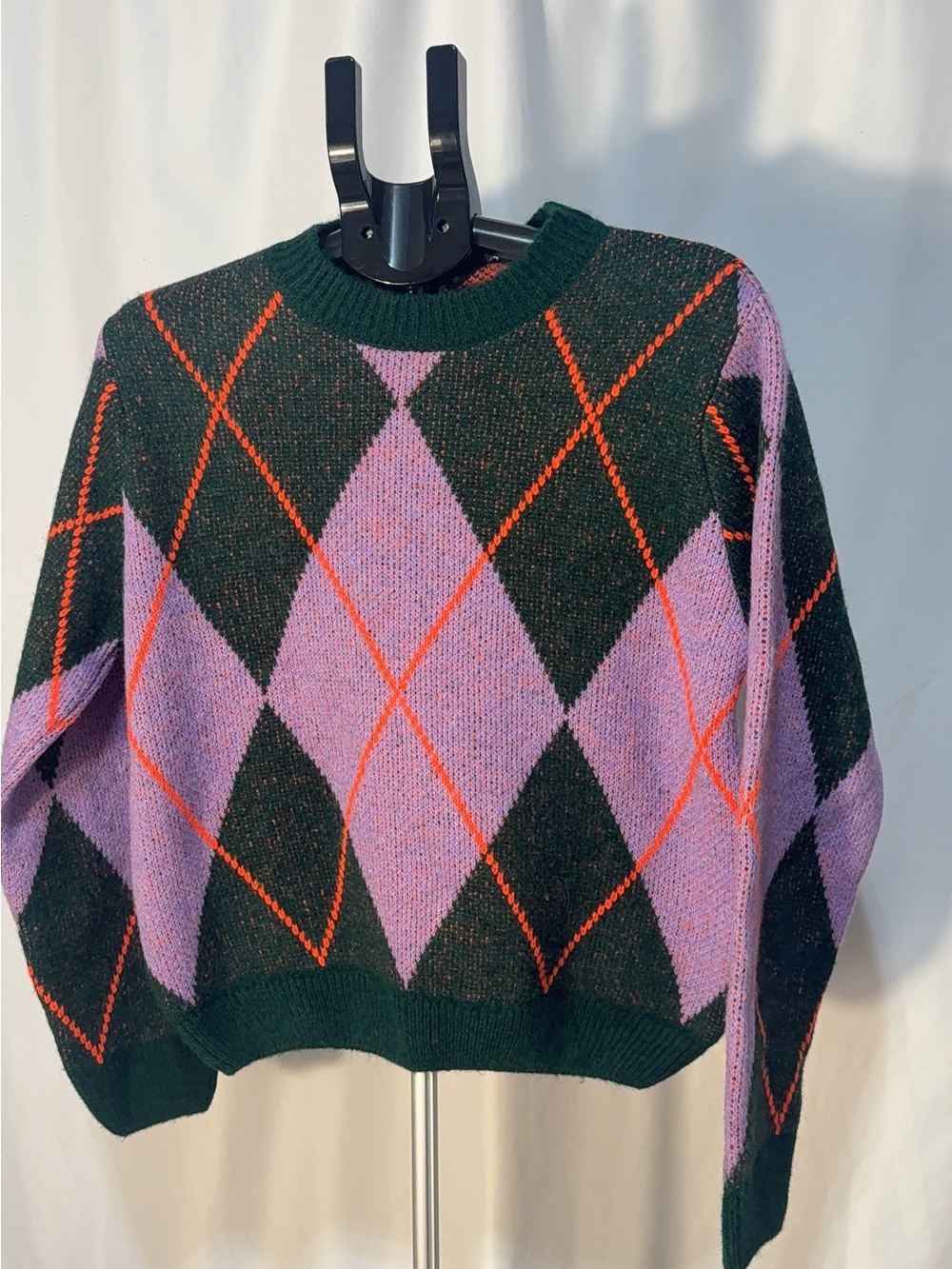 Essentiel Antwerp Argyle Knit Crop Sweater Size L - Lilac, Green & Orange